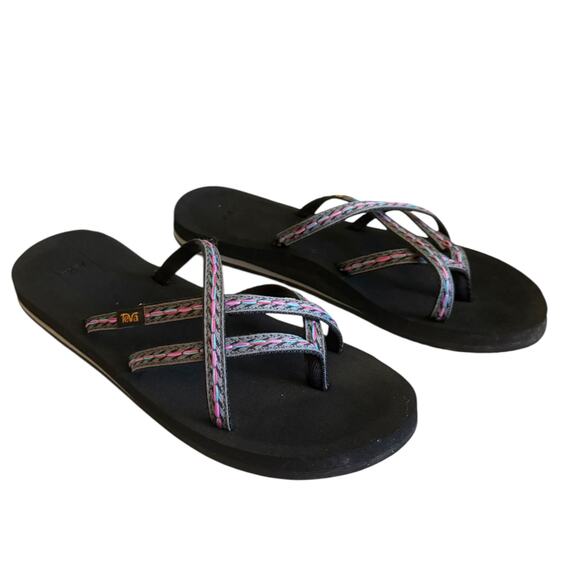 Teva Black Gray Pink Blue Olowahu Strappy Flip Flops 6840 Size 12 - Picture 1 of 8